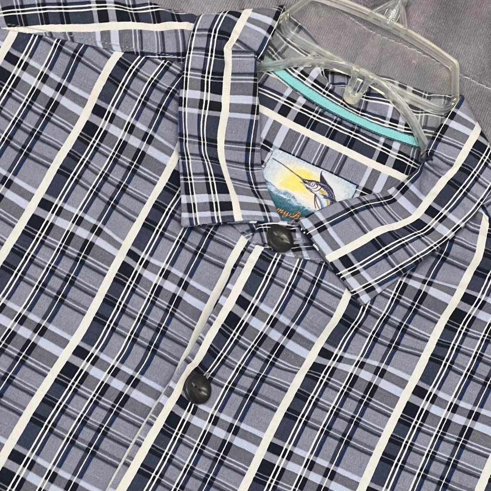 Tommy Bahama Button Down Shirt Mens L Gray Plaid Excellent Silk Cotton Marlin